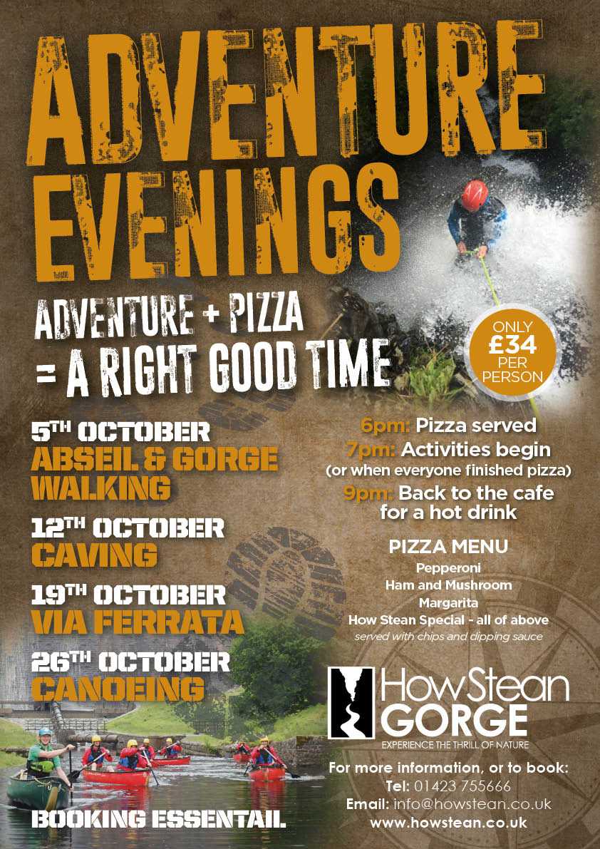 Upcoming Events 2019 10 A poster for the upcoming adventure evenings event at How Stean Gorge.