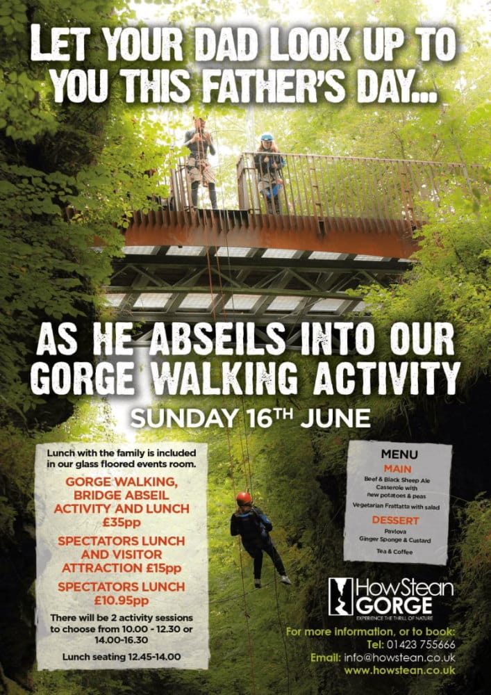 Upcoming Events 2019 9 Poster detailing activities available for fathers day 2019 at How Stean Gorge.